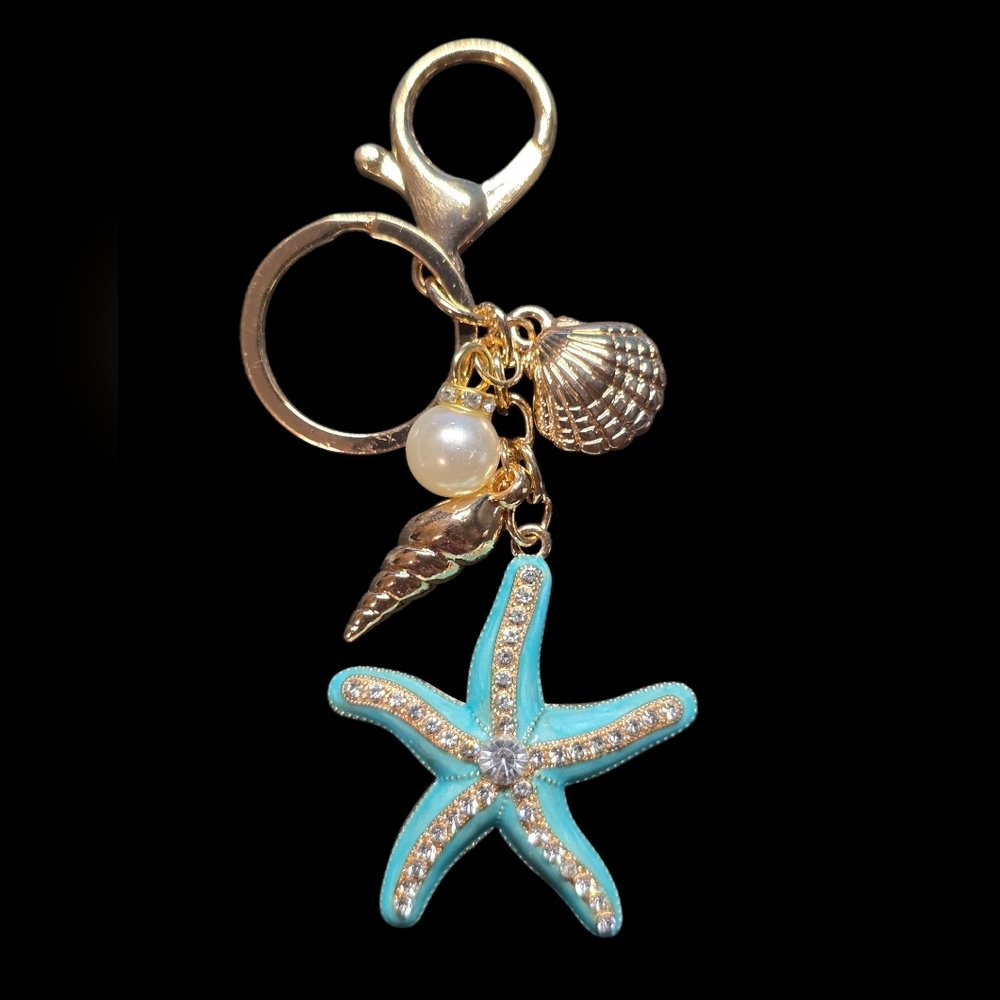 Gold and Blue Starfish Keychain Bag Charm